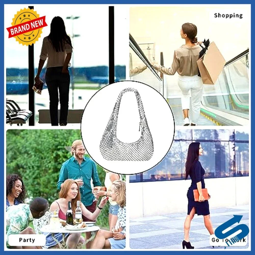 Metallic Evening Hobo Bag Shiny Moon Shape Shoulder Purse Chic Party